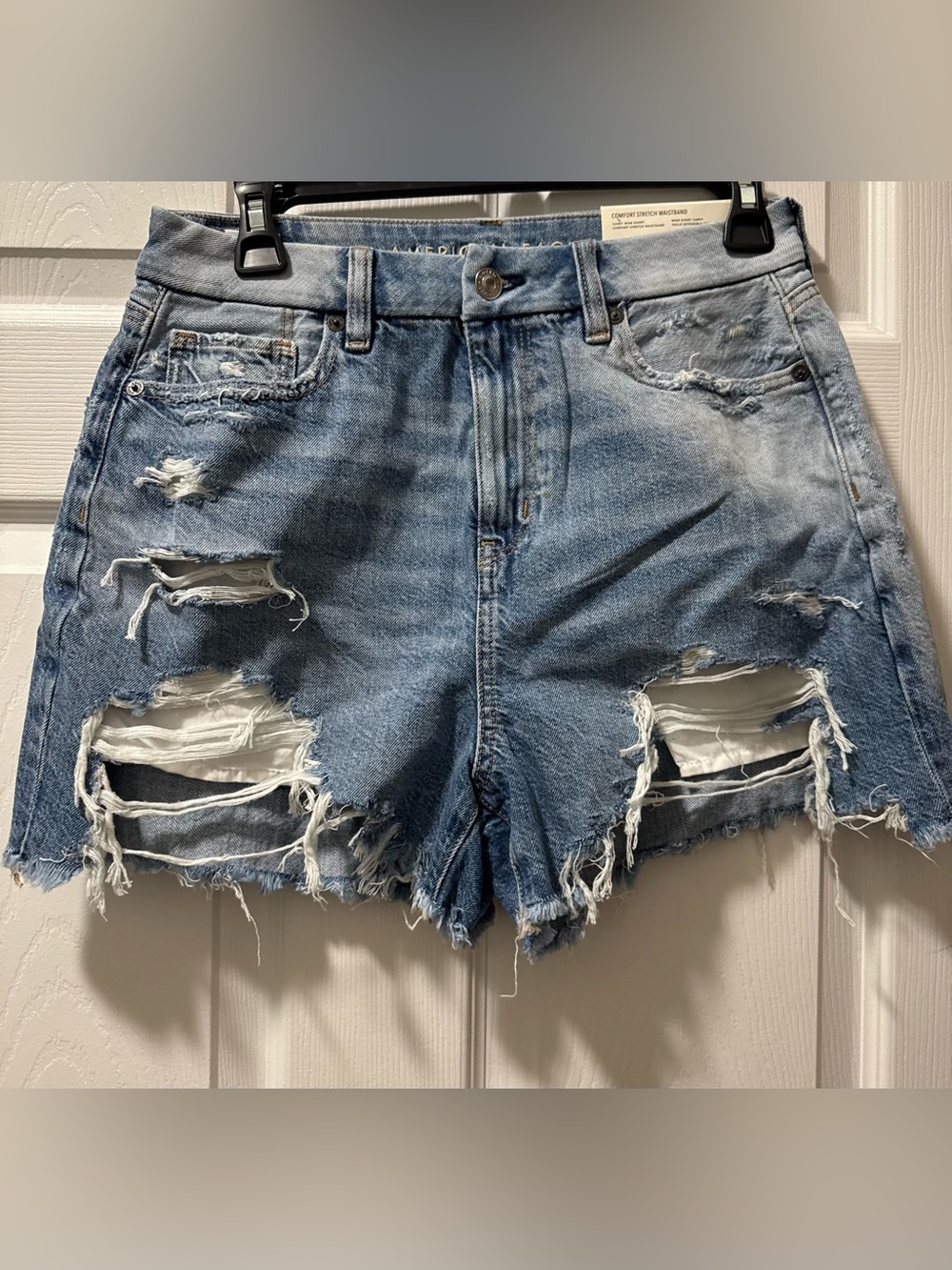American Eagle Outfitters Curvy Mom Distressed Light Blue Jean Shorts